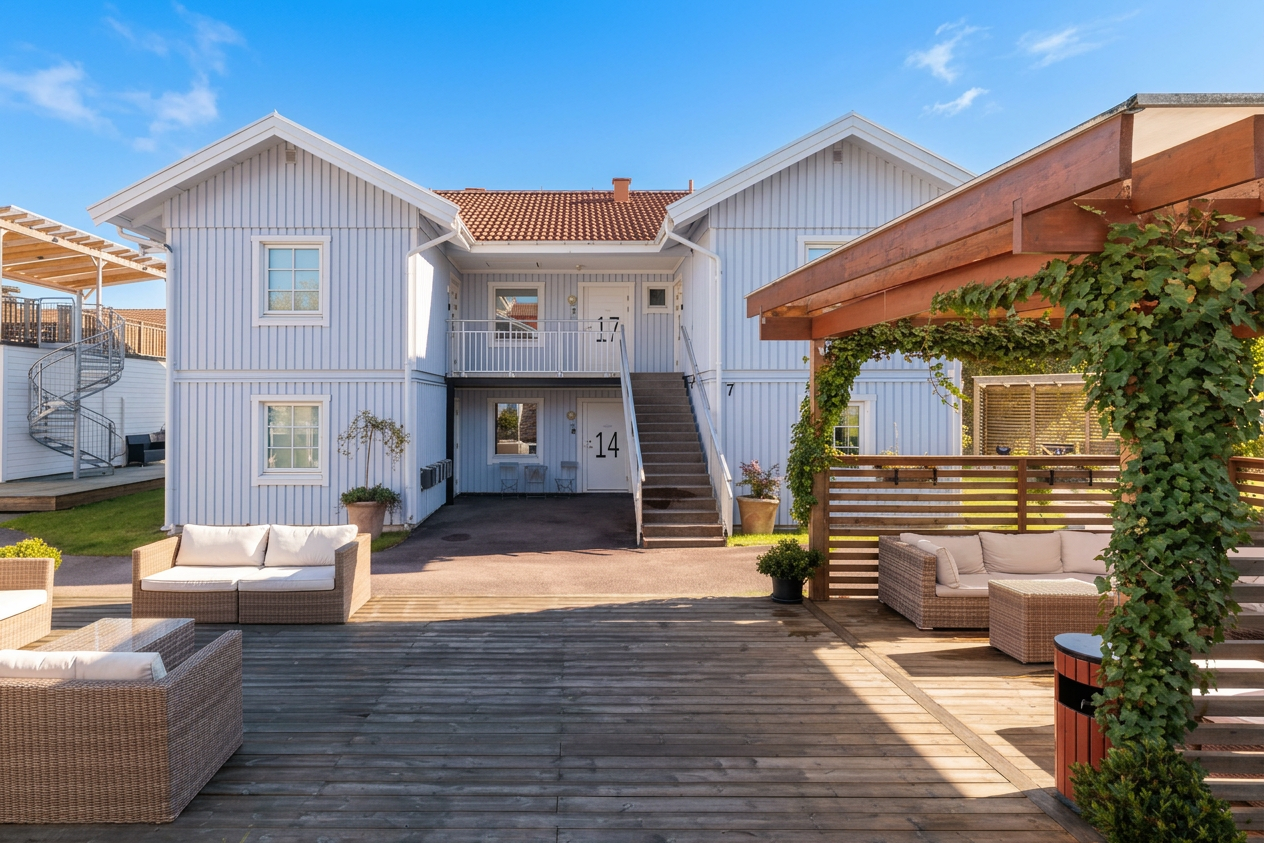 Möblerad lägenhet med matbord och öppet kök
