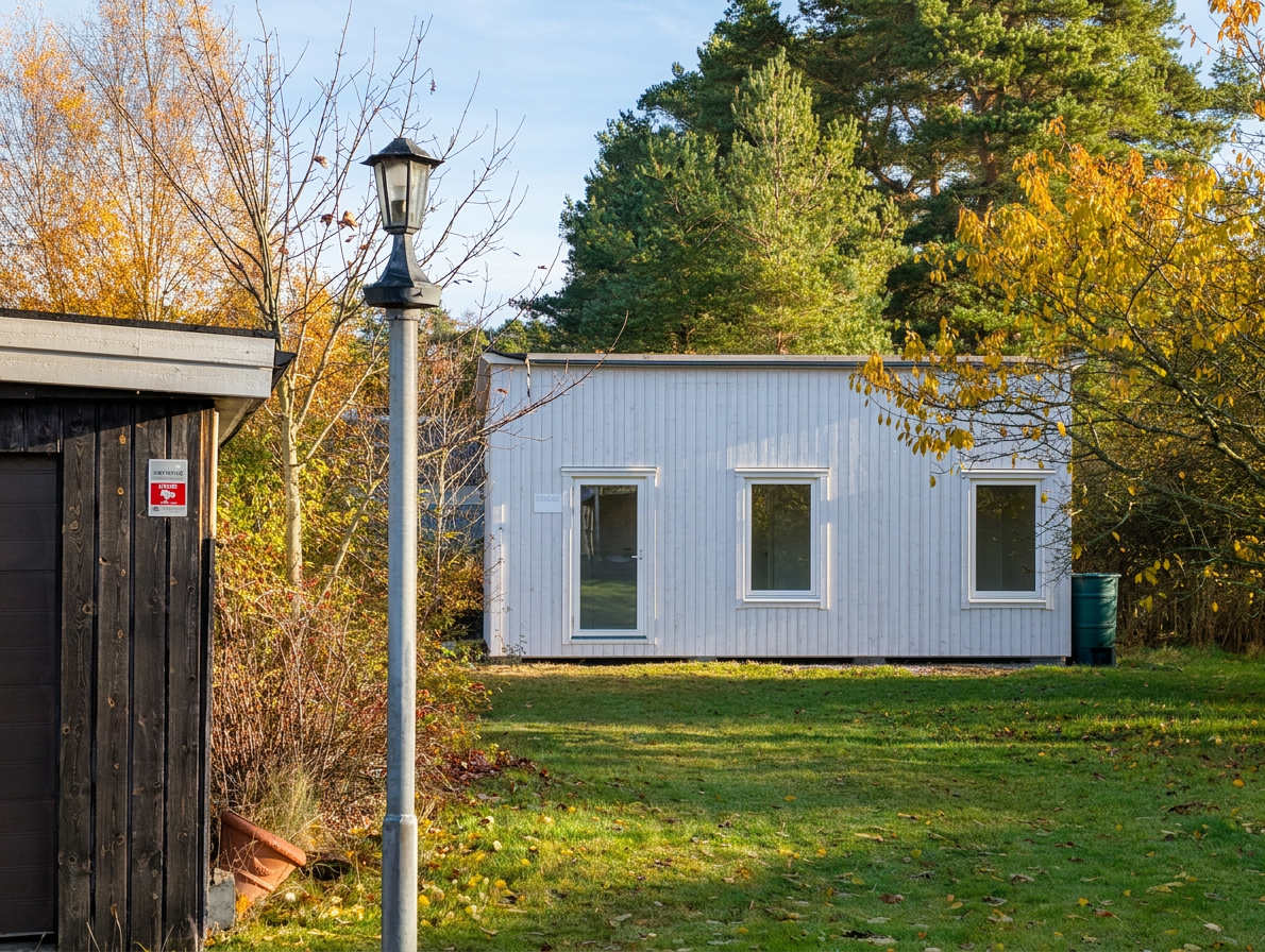 Möblerad stuga med köksdel som används som projektboende